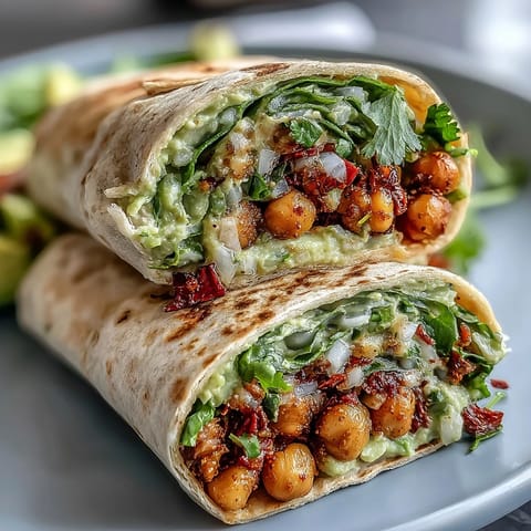 Colorful vegan wrap with spicy chickpeas, ripe avocado, and crunchy vegetables, perfect for a quick and nutritious meal on the go.