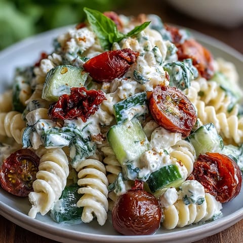 Creamy cottage cheese pasta salad with fresh cucumber, tomatoes, and spinach, perfect for healthy lunches.  