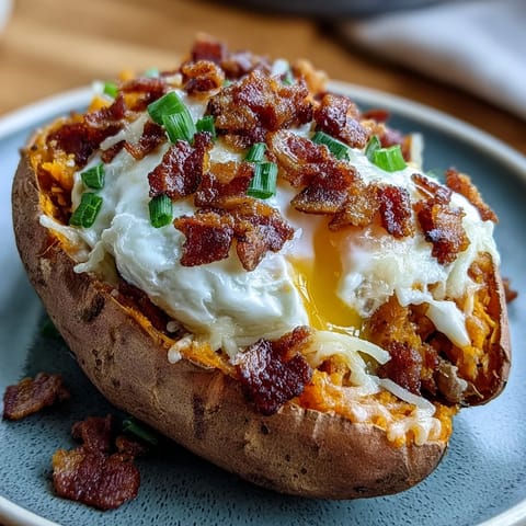 Breakfast Sweet Potatoes with Bacon and Eggs, baked until tender and topped with melted cheddar and fresh scallions for a satisfying morning meal.