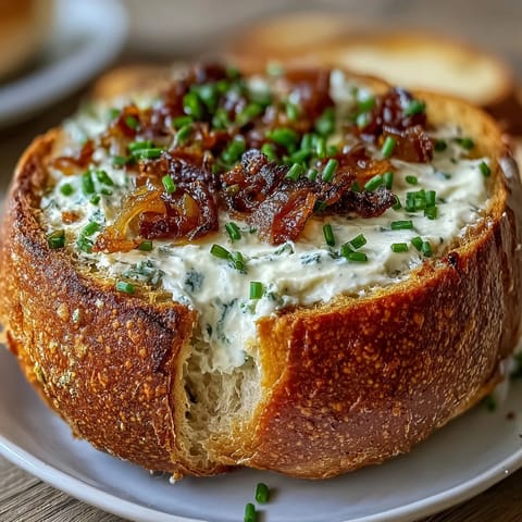 Creamy caramelized onion dip served in a warm sourdough bread bowl, perfect for parties and gatherings.  