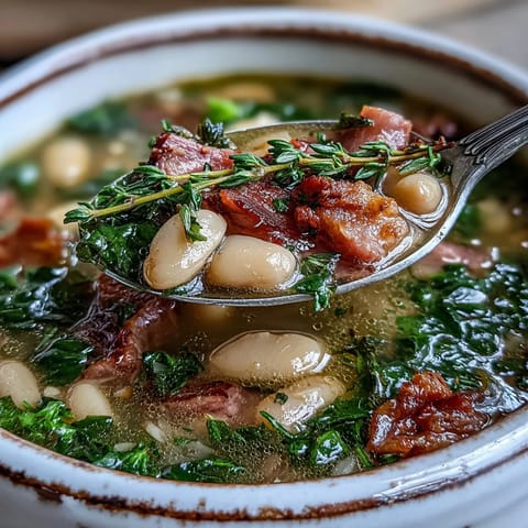 A steaming bowl of ham and cannellini bean soup with fresh herbs, tender vegetables, and savory ham chunks.  