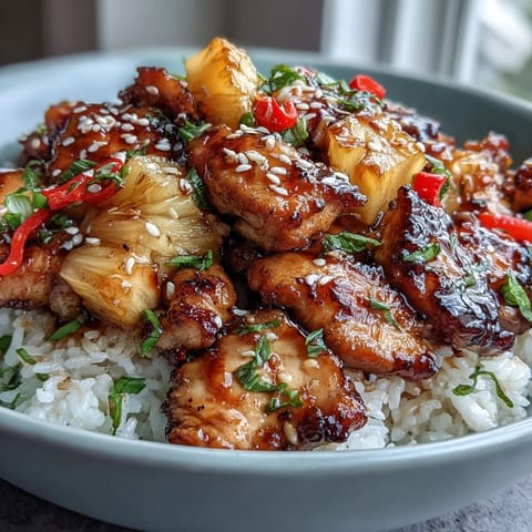 A colorful bowl of pineapple teriyaki chicken with tender rice, fresh pineapple, and crisp vegetables in a glossy homemade sauce.
