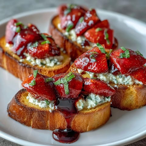 Balsamic Strawberry Bruschetta Toasts with creamy goat cheese and fresh basil, drizzled with tangy balsamic glaze for a sweet-savory bite.