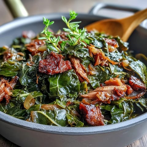 Classic Southern collard greens simmered with smoked turkey and sweet onions, a hearty soul food side bursting with smoky flavor.