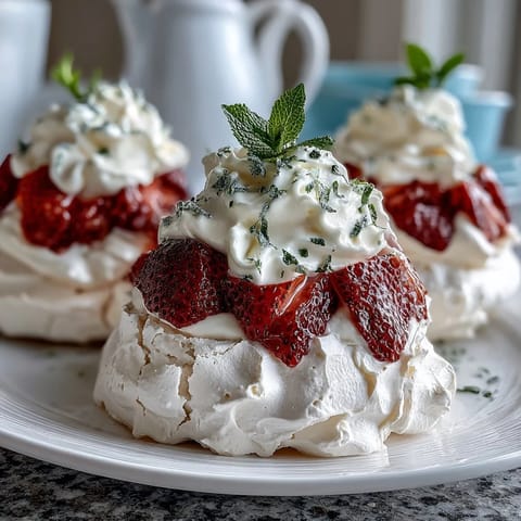 Delicate, crisp meringue nests topped with fresh strawberries and billowy whipped cream for a stunning spring dessert.