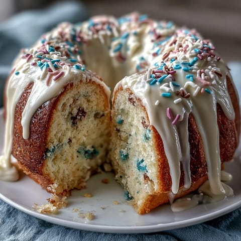 Spring Funfetti Cake with Pastel Buttercream shows a slice of vanilla cake with rainbow sprinkles, topped with swirls of pink, blue, and yellow frosting.