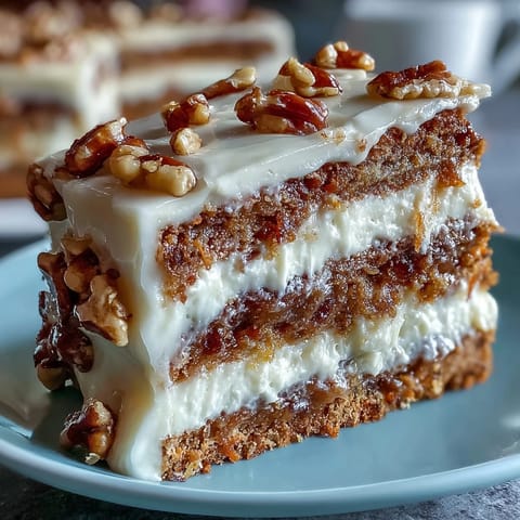 Moist carrot and walnut cake with cream cheese frosting, perfect for spring celebrations and layered with fresh carrot shreds.