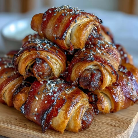 Golden, flaky crescent-wrapped mini sausages served with tangy honey Dijon dipping sauce for game day snacking.