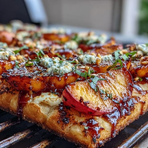 Grilled flatbread topped with sweet peaches, melted Brie, and smoky BBQ sauce, garnished with fresh basil and arugula.