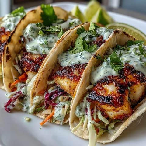 Grilled fish tacos marinated in coconut milk and lime, topped with crunchy red cabbage slaw and zesty coconut crema.  