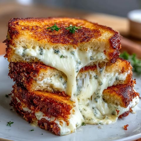 Golden brown Four Cheese Truffle Grilled Cheese oozing melted truffle-infused cheese.