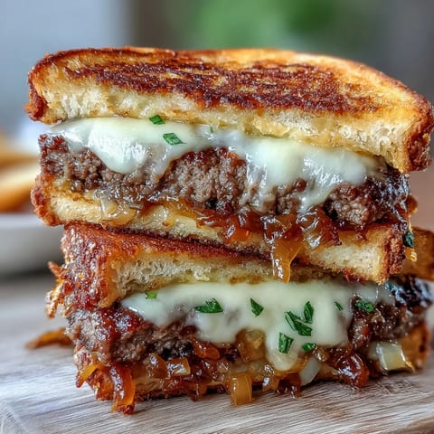 Golden brown Patty Melt Grilled Cheese featuring beef patties and melted cheese perfection.