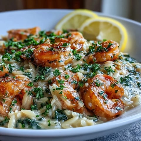 Perfectly cooked orzo pasta bathed in a sauce with succulent shrimp.