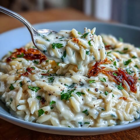 Creamy Orzo Risotto Style with Parmesan, garnished with fresh parsley.