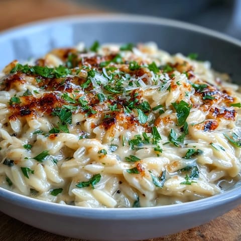 Golden Orzo Risotto Style, melting with rich Parmesan cheese and butter.