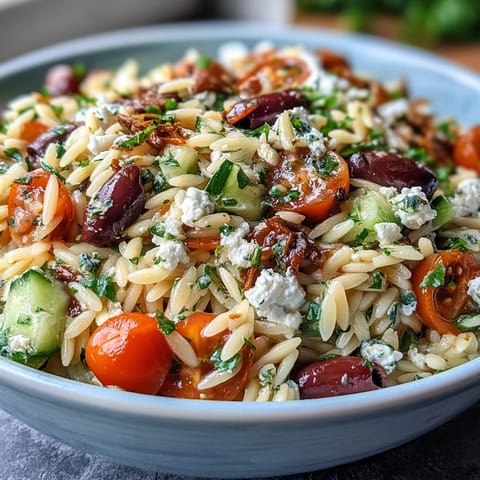 Vibrant Greek Orzo with Feta and Olives, a fresh and bright Mediterranean bowl.