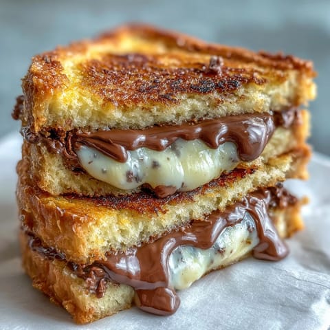 Golden brown Nutella Brie grilled cheese sandwich oozing with melted brie.