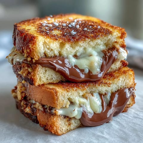 Decadent Nutella Brie grilled cheese, a sweet and savory melted delight.