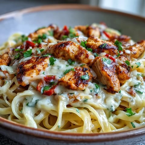Creamy Cajun Chicken Pasta Alfredo with vibrant peppers and rich sauce.