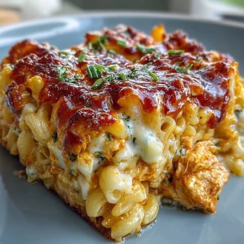 Golden-brown Buffalo Chicken Pasta Bake topped with melted cheese, ready to serve.
