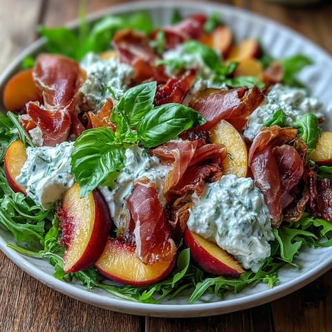 Creamy burrata, sweet peaches, and salty prosciutto form this vibrant summer salad.