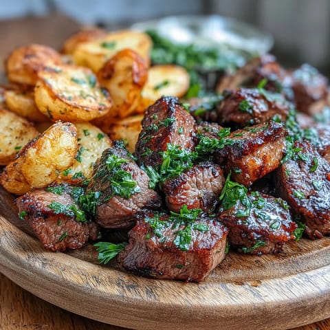 Garlic butter steak bites and crispy potatoes glistening in a rich sauce.