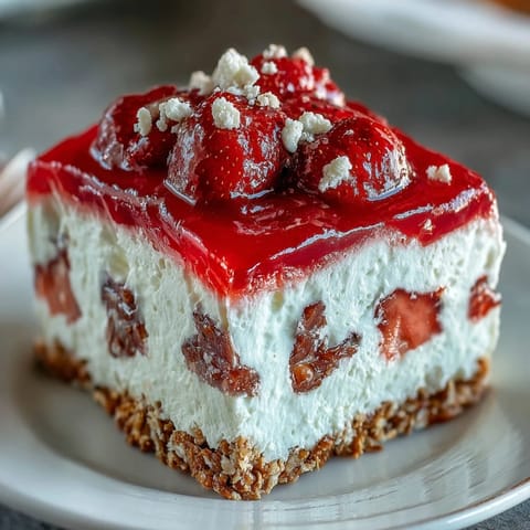 Strawberry Pretzel Jello Salad: a vibrant dessert with crunchy crust and sweet berry topping.