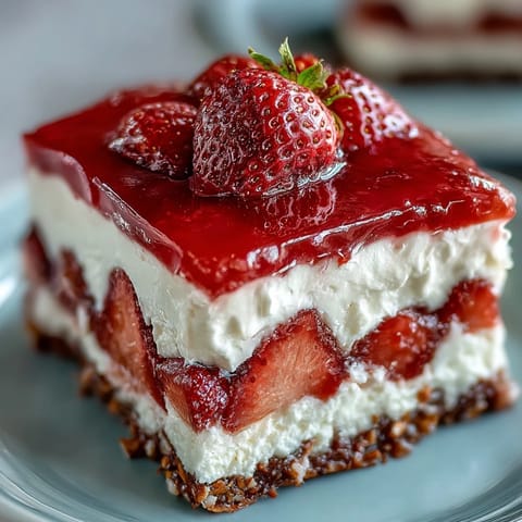 Creamy Strawberry Pretzel Jello Salad, showcasing fresh fruit layers on a salty pretzel base.