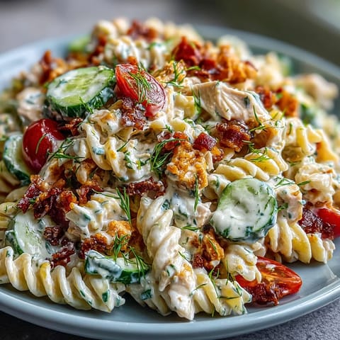 Creamy Chicken Bacon Ranch Pasta Salad bursting with crisp bacon and fresh veggies.