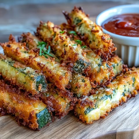 Golden oven-baked Crispy Parmesan Zucchini Fries with a delicious herb-Parmesan crust.