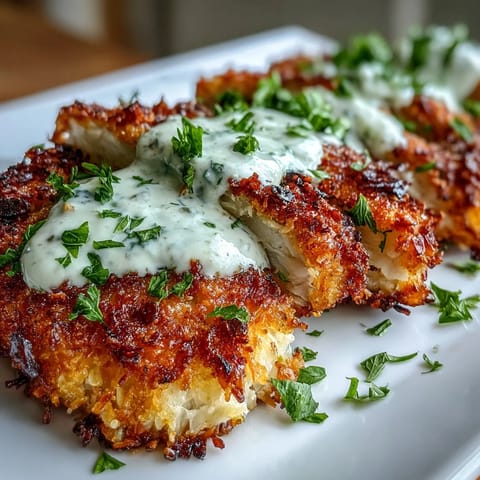 Tangy Caesar sauce crowns these golden, crunchy puffed rice chicken cutlets.