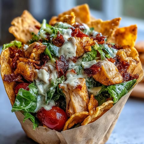 Chicken Caesar Chip Bag Salad: Juicy chicken, crisp lettuce, and creamy dressing inside a crunchy chip bag.