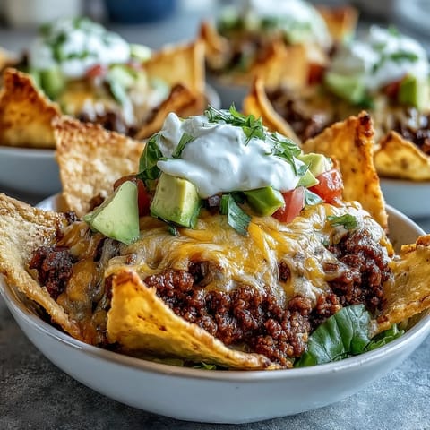 Taco salad chip bag bowls, a vibrant Tex-Mex party favorite filled with seasoned beef and fresh toppings.
