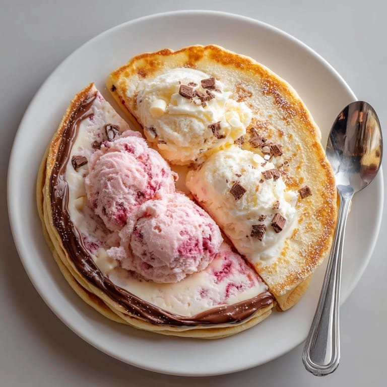 Frozen ice cream sandwich pancakes ready to serve, highlighting golden pancakes with rich raspberry and chocolate layers.