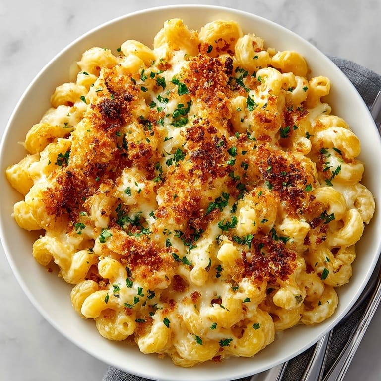 Comforting baked macaroni and cheese plated as a main dish, melty and richly browned.