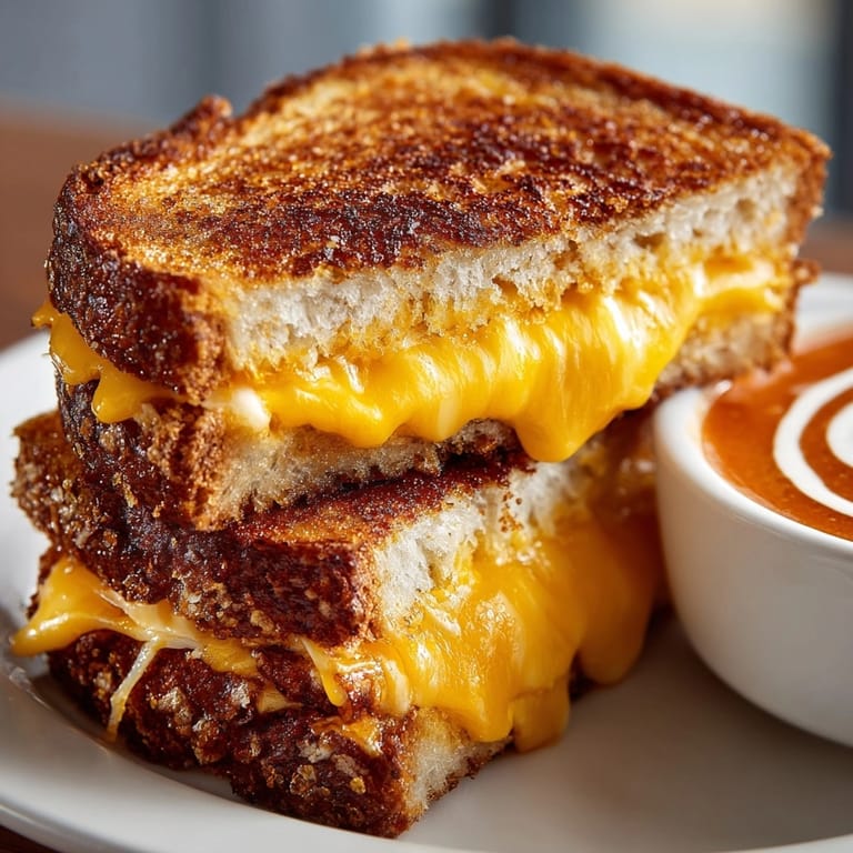 Grilled cheese sandwich with tomato soup served hot, showing melty cheese and steamy, creamy soup.