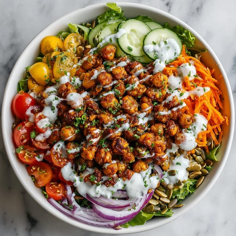 Colorful 15-Minute Buffalo Chickpea Power Lunch Bowl featuring tangy chickpeas atop a bed of greens and vegetables.