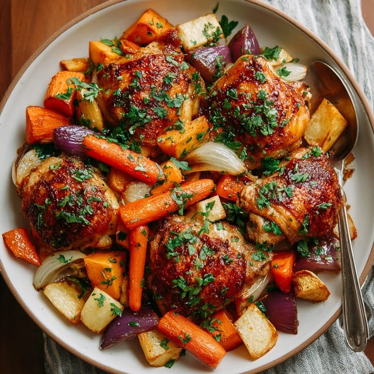 Juicy one-pan honey garlic chicken served atop golden roasted carrots, parsnips, sweet potato, and red onion.
