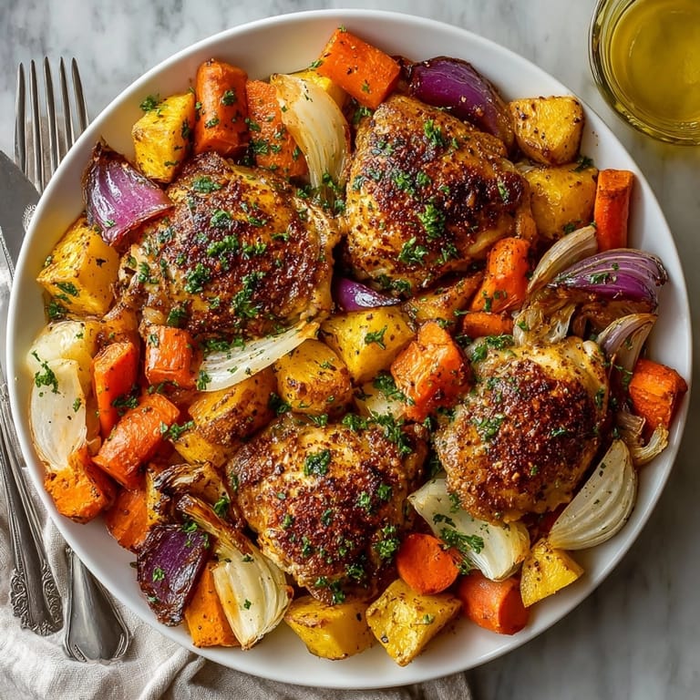 Savory-sweet one-pan honey garlic chicken with root vegetables, perfect for a cozy autumn main dish.