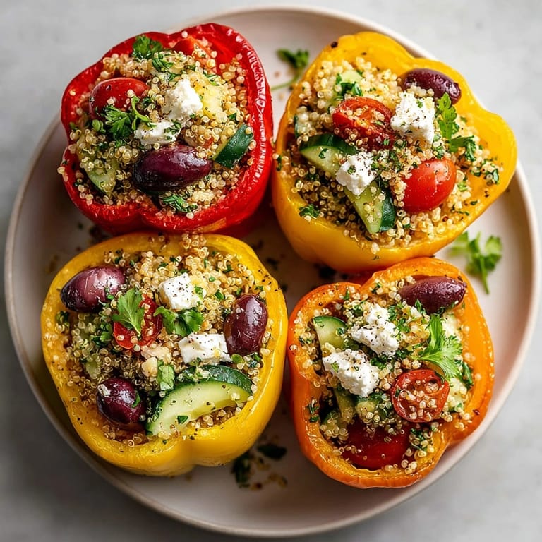 Freshly baked 30-Minute Mediterranean Quinoa Stuffed Peppers on a rustic tray, steaming and ready for a healthy main dish.