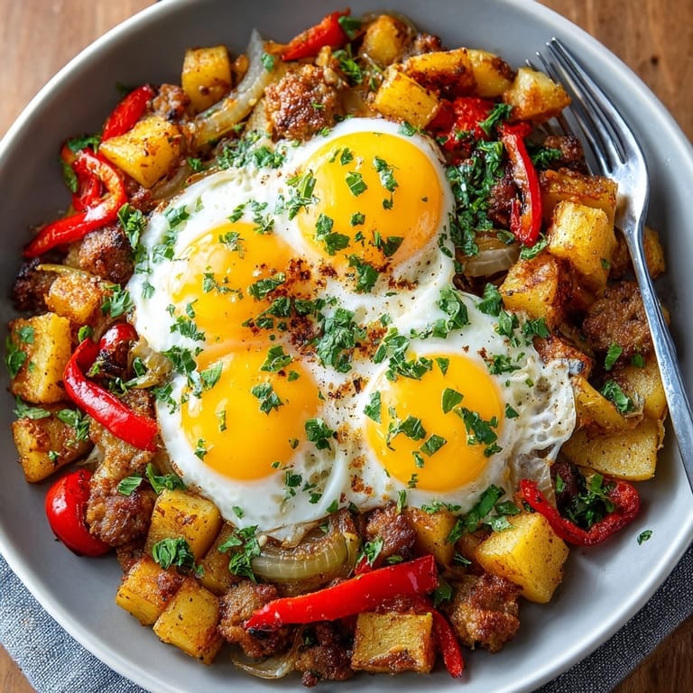 Hearty Prairie Breakfast Hash with Pickle Butter and Eggs, creamy yolks nestled atop sizzling sausage and veggies.