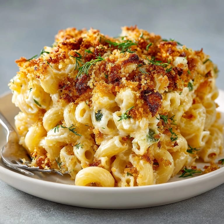 Creamy Pickle-Fix Jalapeño Popper Mac and Cheese served hot, with tangy pickles and spicy jalapeños visible.