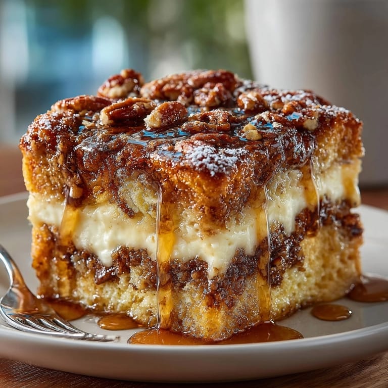 Warm All-American Maple Pecan French Toast Casserole in a baking dish, with caramelized pecans and syrupy glaze.