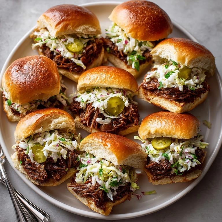 Plated Rebel Float Root Beer Braised Short Rib Sliders ready to serve, garnished with pickles and flavorful sauce