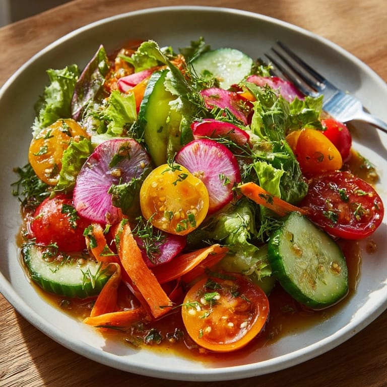Crisp greens and colorful veggies in a Fresh Garden Salad with Pickle Vinaigrette Twist