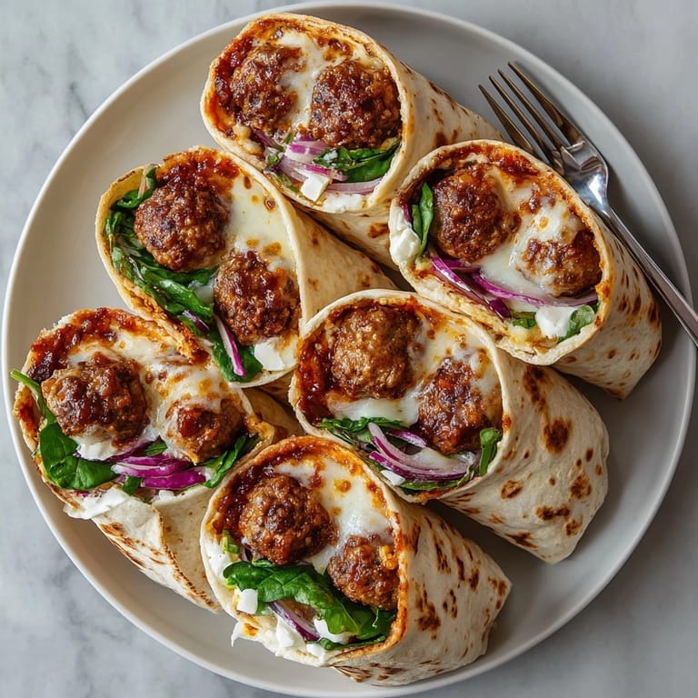 Warm Simple Turkey Meatball Sub Lunch Wraps filled with juicy meatballs and gooey mozzarella cheese.