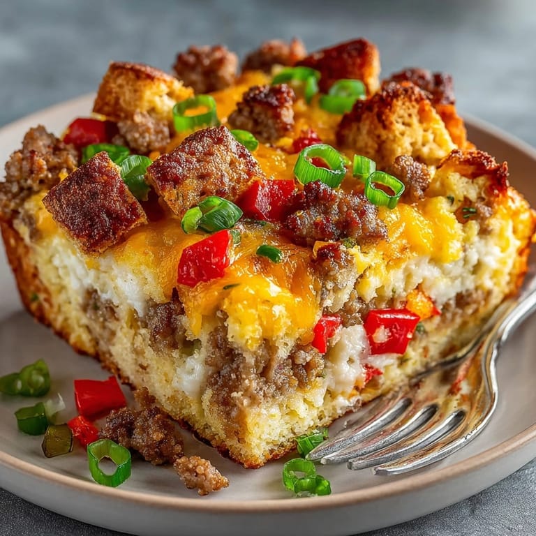A slice of Prairie Style Sausage and Biscuit Breakfast Bake served warm, showcasing fluffy biscuits and savory sausage.