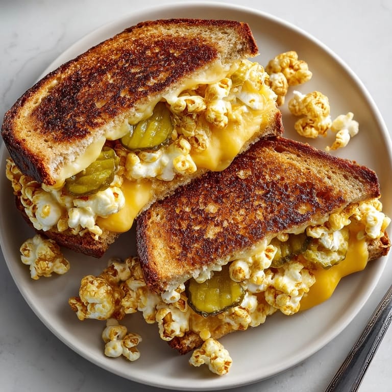 Tangy pickle slices and melted cheese create an amazing Pickle Popcorn Grilled Cheese sandwich texture.