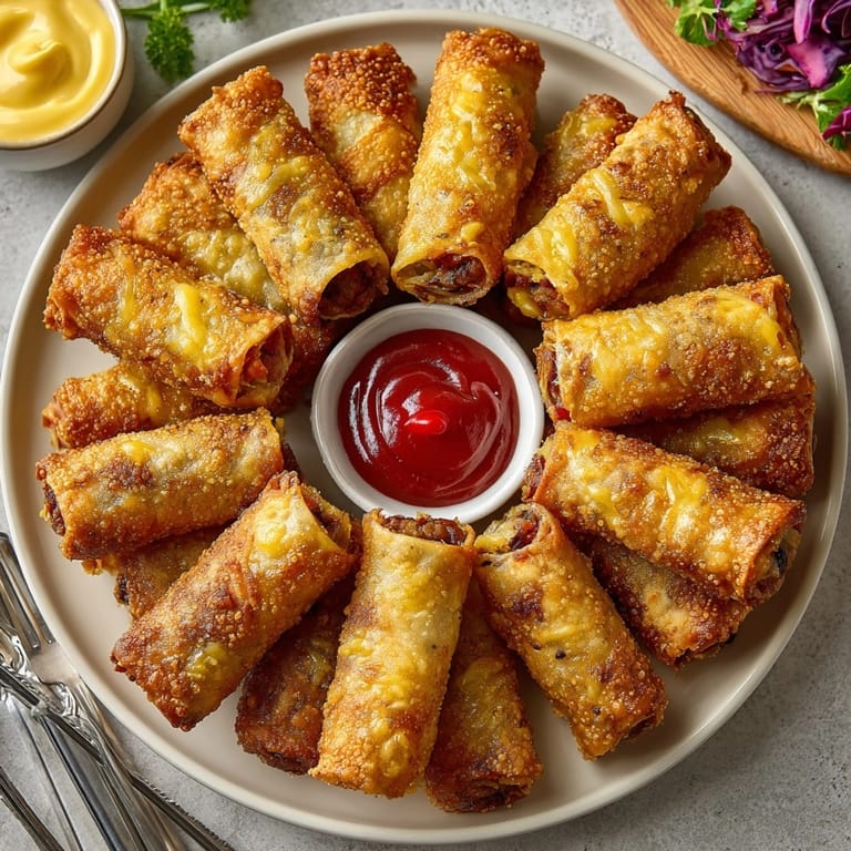 A close-up shows a delicious Cheeseburger Spring Roll with visible filling, perfect for a tasty snack or party.