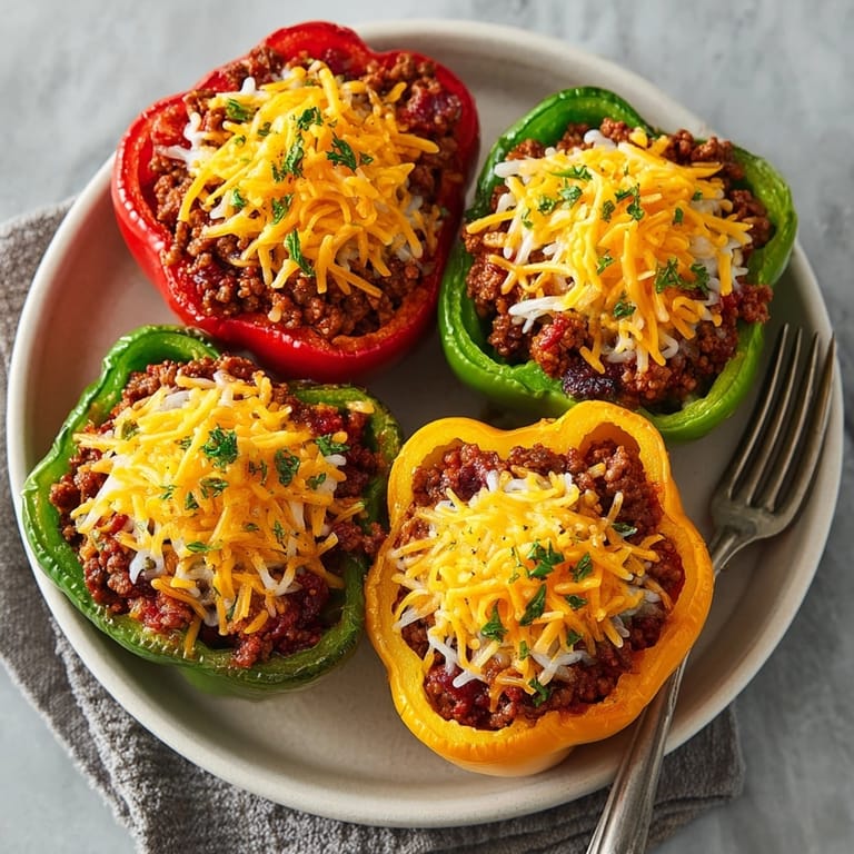 Perfectly baked, juicy Sloppy Joe Stuffed Peppers: a comforting, cheesy, and delicious family dinner.